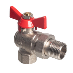 Кран шаровой Kromwell 1/2", ВР-"американка", угловой, красн. бабочка, никель