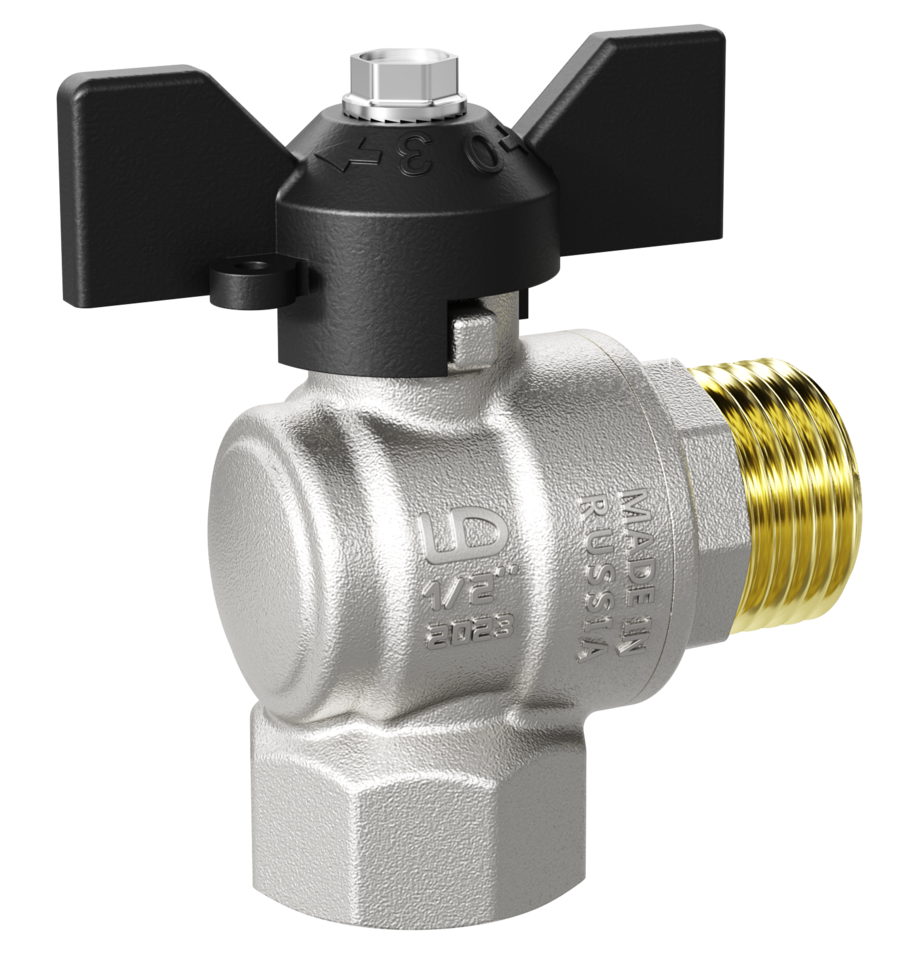 Кран шаровой LD Pride 1/2", ВР-НР, угловой, черн. бабочка, никель