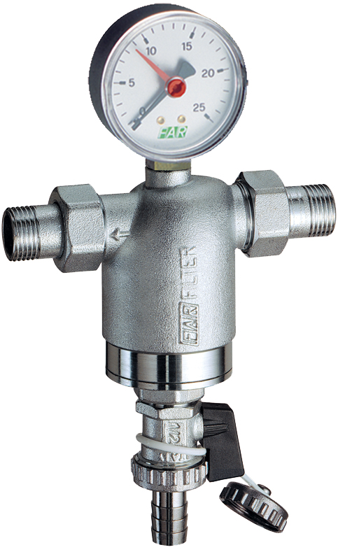 Фильтр 3/4", НР-НР, 100 мкм, с манометром, Tmax: 95 °С, 25 бар FAR