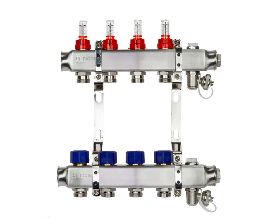 Комплект коллекторов SSM-4RF set с расходомерами, кронштейнами, ручным воздухоотводчиком, сливным краном и торцевой заглушкой, 4 контура