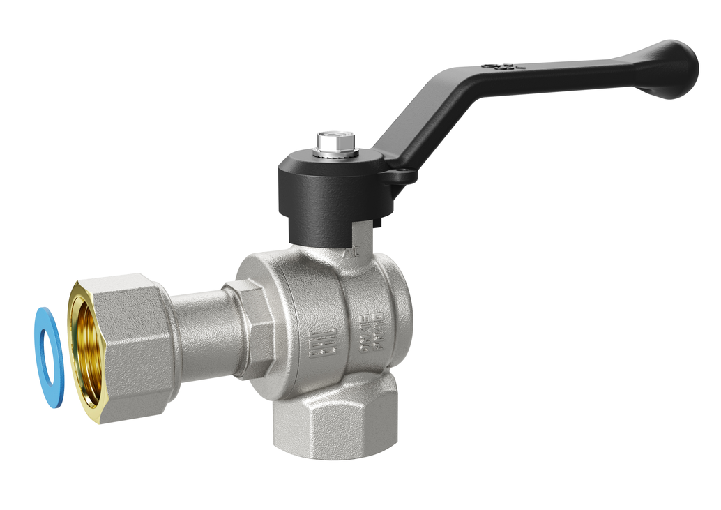 Кран шаровой LD Pride 1/2", ВР-накидная гайка, угловой, черн. рычаг, никель