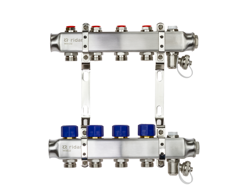 Комплект коллекторов SSM-7R set с кронштейнами, ручным воздухоотводчиком, сливным краном и торцевой заглушкой, 7 контуров