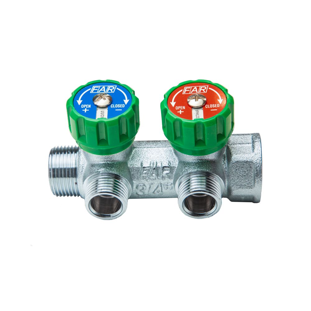 Коллектор регулирующий 3/4", ВР-НР, 2 отвода 1/2", НР, межосевое 45 мм FAR