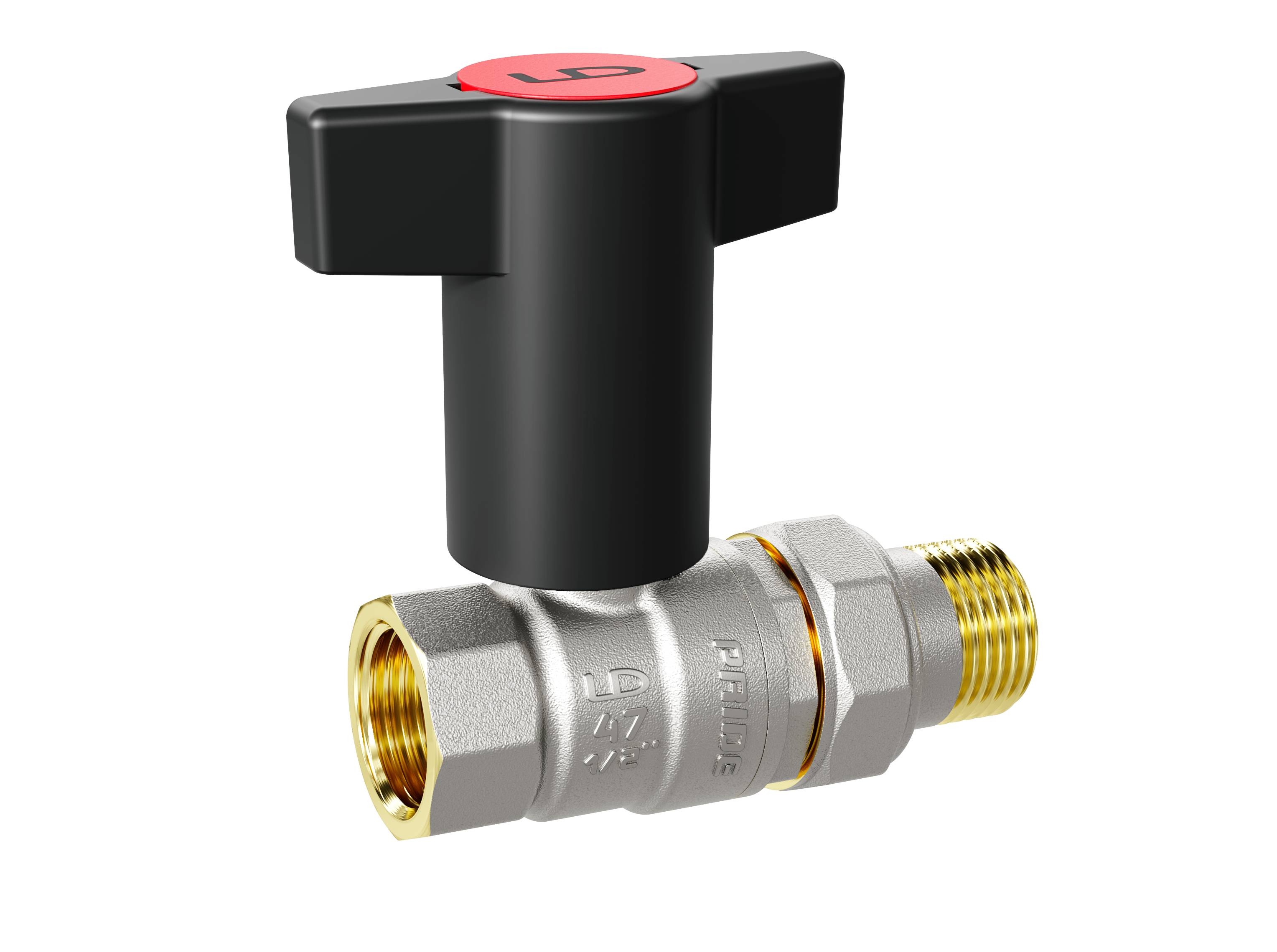 Кран шаровой LD Pride 1/2", ВР-"американка", черн. высокая ручка, никель