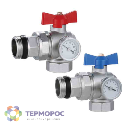 Кран шаровой Kromwell 1", ВР-"американка" EPDM, угловой с термометром, комлект 2 шт. " красн. и син. бабочка, никель