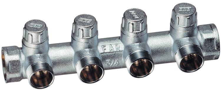 Коллектор запорный 3/4" (ВР-ВР) с 4 отв. 1/2" НР (межосев. 45 мм), под плоск.уплотн.