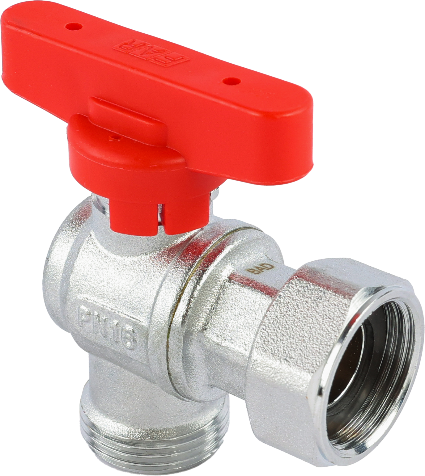 Кран шаровой FAR 3/4"EU(TP)-3/4", НР-накидная гайка EPDM, угловой, красн. бабочка, хром