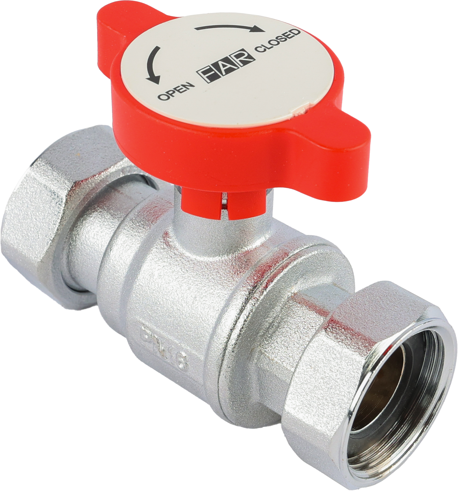Кран шаровой FAR 3/4", накидные гайки EPDM, красн. бабочка под термометр, хром