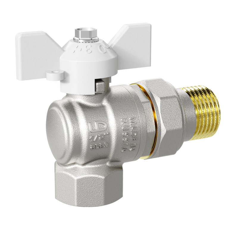 Кран шаровой LD Pride 1/2", ВР-"американка", угловой, бел. бабочка, никель