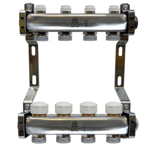 Коллекторный блок для тепл.пола и радиаторного отопления 1"x3/4"EU отв.-4, в комплекте:  термостат. клапаны, микрометрич. вентили, кронштейны, заглушк