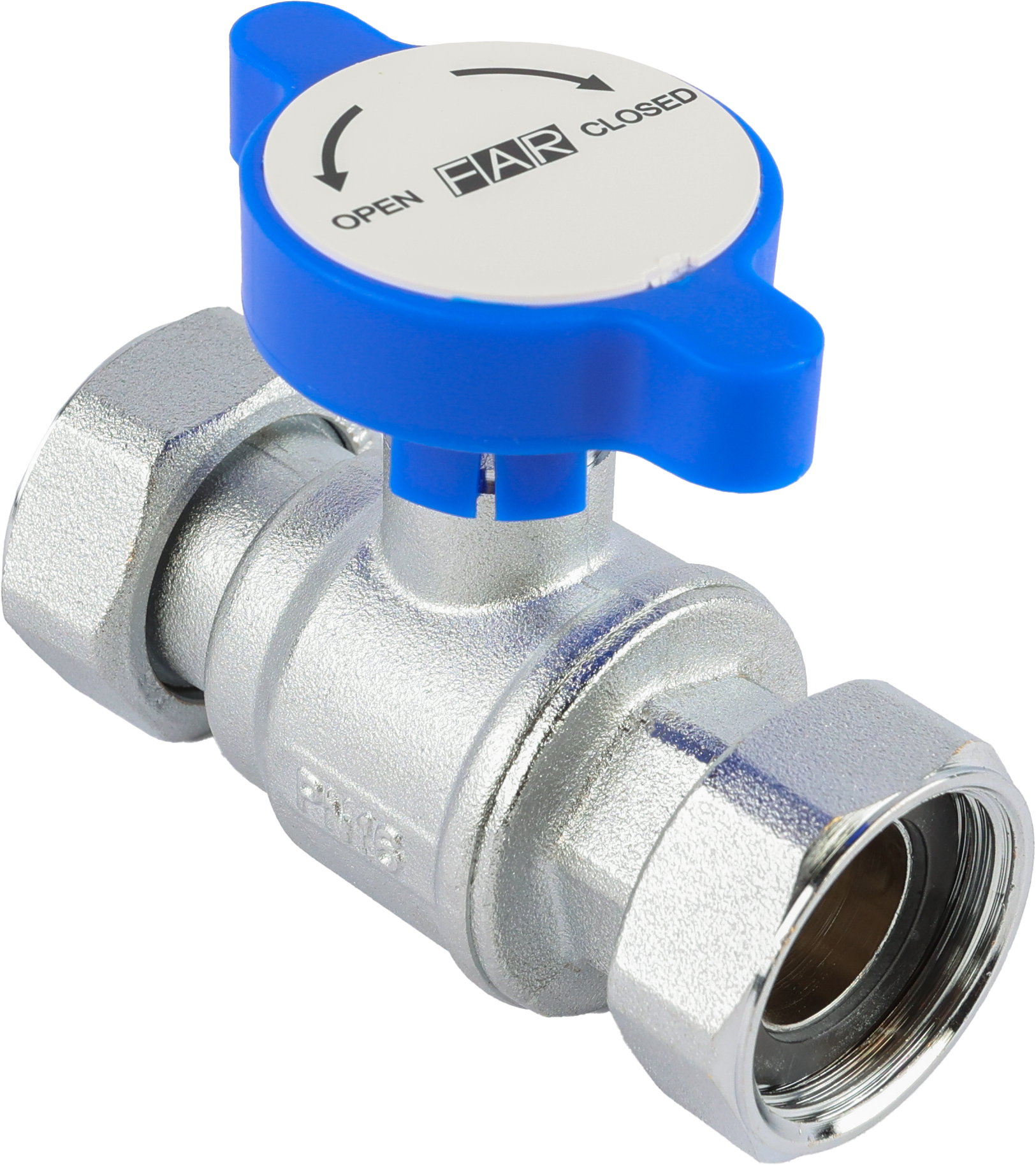 Кран шаровой FAR 3/4"-1", накидные гайки EPDM, син. бабочка под термометр, хром