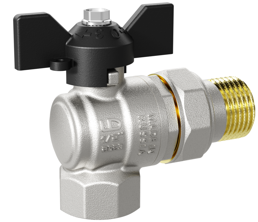 Кран шаровой LD Pride 3/4", ВР-"американка", угловой, черн. бабочка, никель